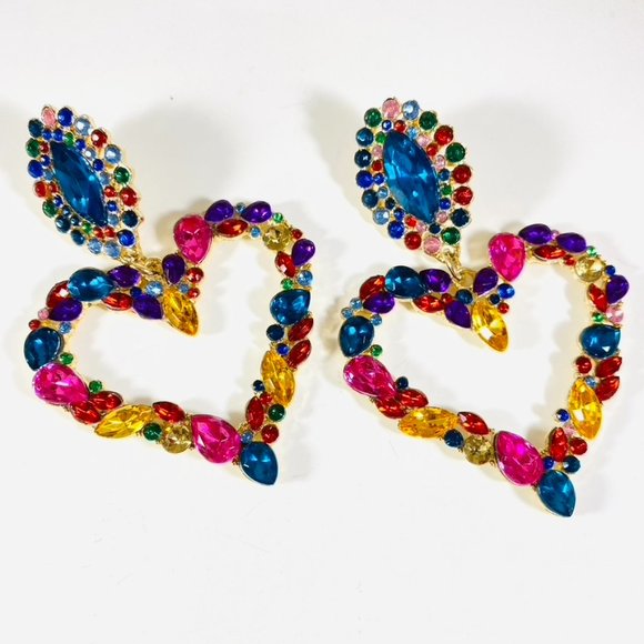 Huge Multi Rhinestone Rainbow Heart Earrings Total glam babe! - Picture 2 of 5